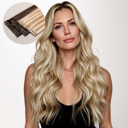 Dark Blonde Highlighted Bleach Blonde (18A/613A) Seamless Clip-Ins (130g-160g)-100% Remy Human Hair extensions and accessories.