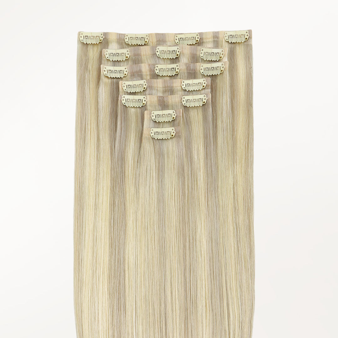 Ash Blonde Highlights (17A/60A) Seamless Clip-Ins (130g-160g) – 100% Remy Human Hair.