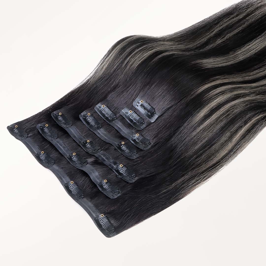 Black To Light Blonde Balayage (1B/16/1B) Seamless Clip-Ins (130g-150g) – 100% Remy Human Hair by GOO GOO Hair.