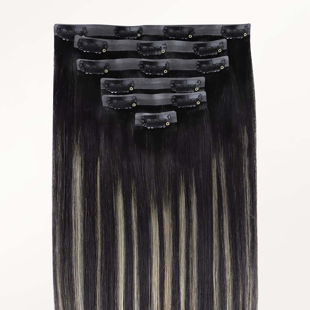 Black To Light Blonde Balayage (1B/16/1B) Seamless Clip-Ins (130g-150g) – 100% Remy Human Hair by GOO GOO Hair.