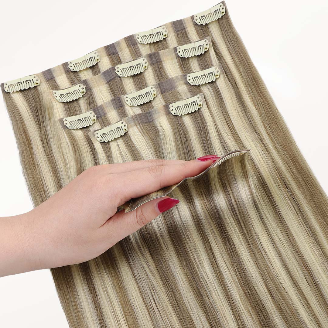 Golden Blonde Highlights (8/22) Seamless Clip-Ins (130g-160g) – 100% Remy Human Hair.