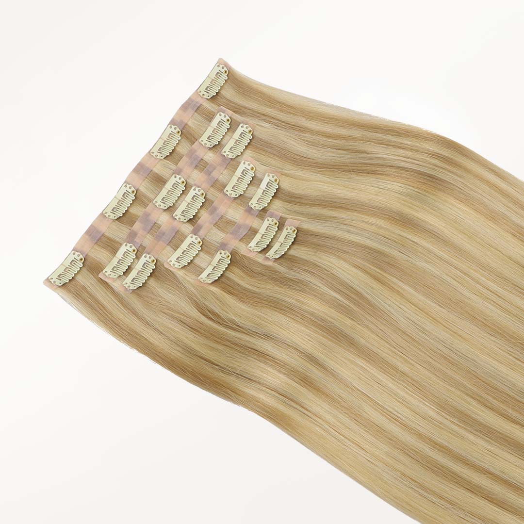 Light Blonde Highlights (16/22A) Seamless Clip-Ins (130g-150g) – 100% Remy Human Hair by GOO GOO Hair.