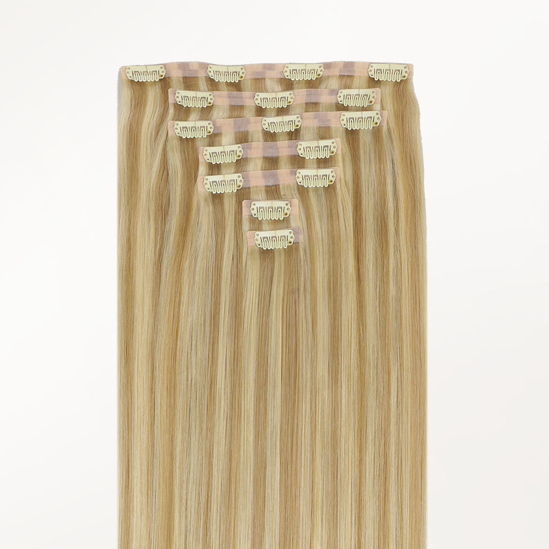 Light Blonde Highlights (16/22A) Seamless Clip-Ins (130g-150g) – 100% Remy Human Hair by GOO GOO Hair.