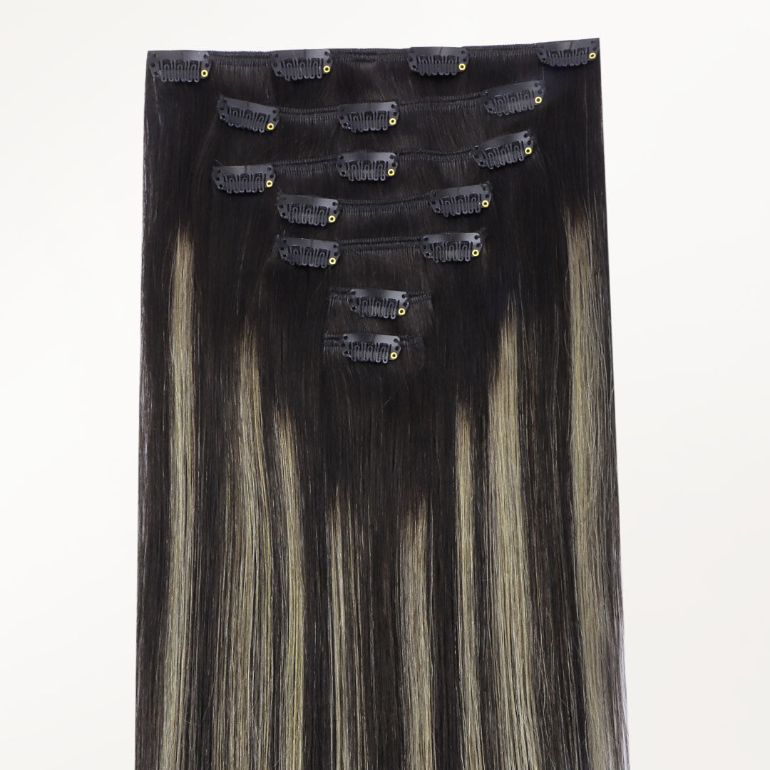 Black to Light Blonde Balayage (1B/16/1B) Classic Clip-Ins (150g-170g) – 100% Remy Human Hair.