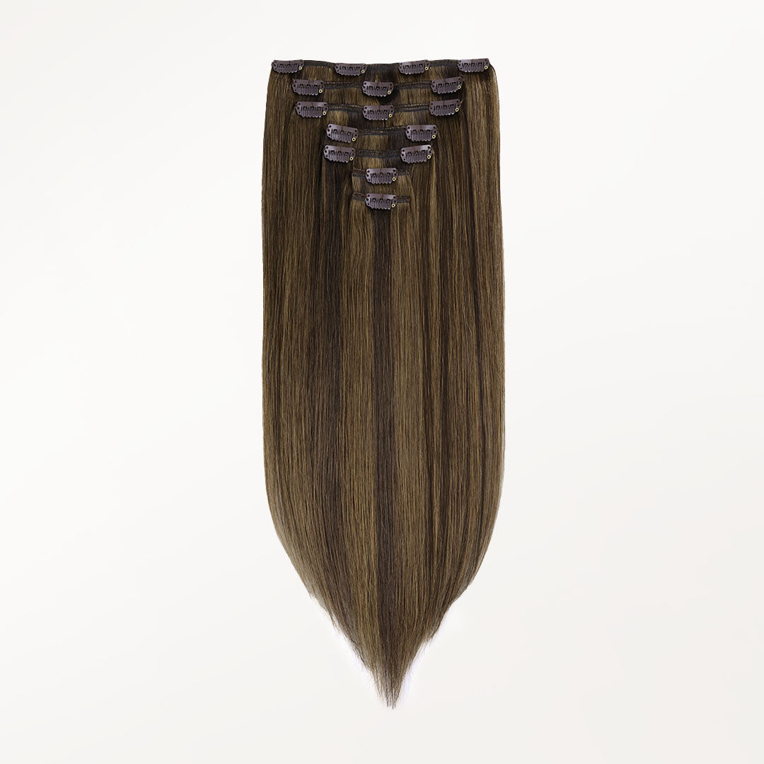 Brown Sugar Swirl Highlights (2C/4E/6C) Classic Clip-Ins (120g-130g) – 100% Remy Human Hair.