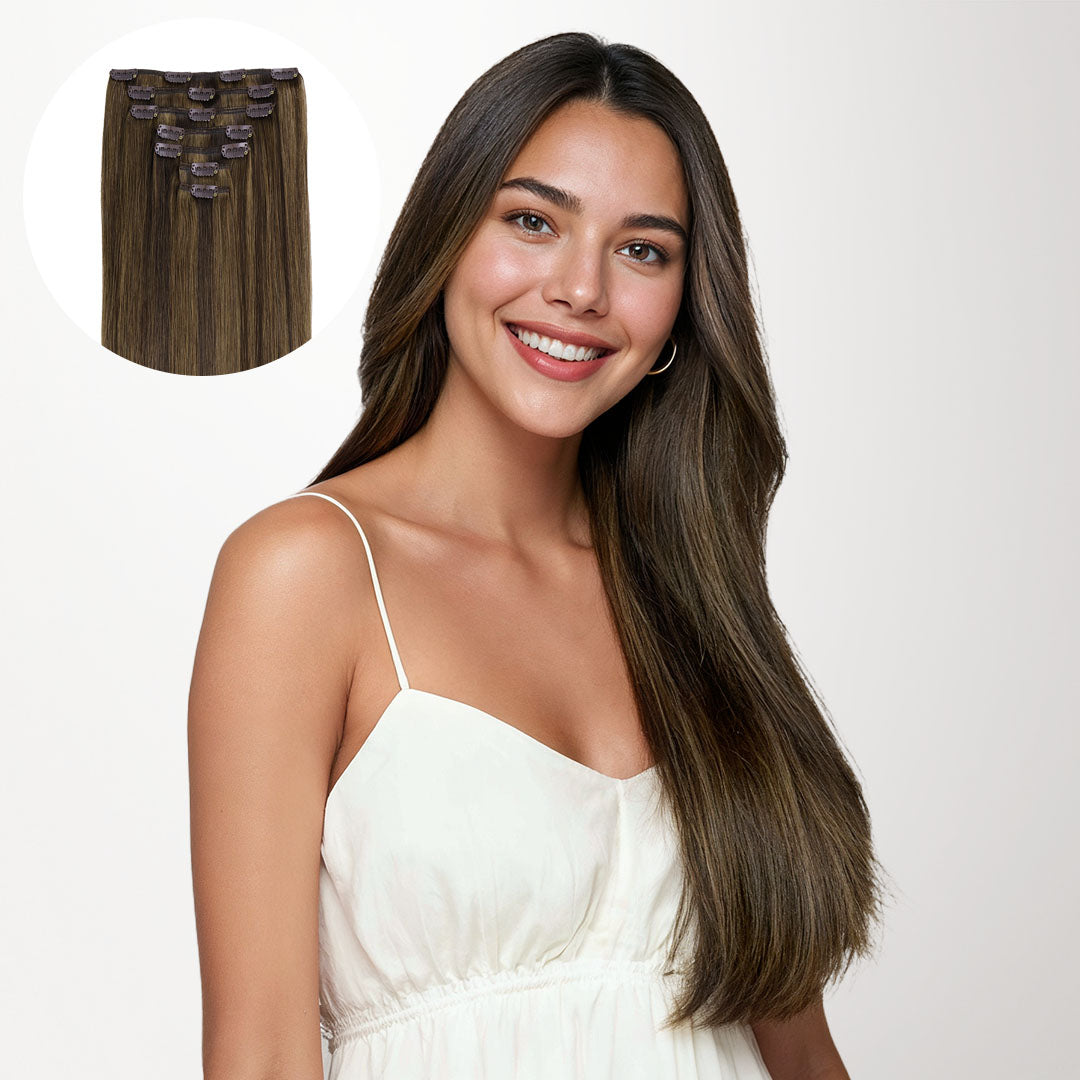 Brown Sugar Swirl Highlights (2C/4E/6C) Classic Clip-Ins (120g-130g) – 100% Remy Human Hair.