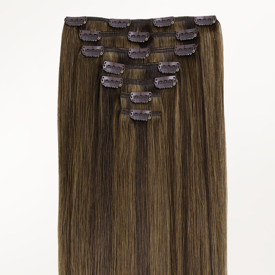 Brown Sugar Swirl Highlights (2C/4E/6C) Classic Clip-Ins (120g-130g) – 100% Remy Human Hair.