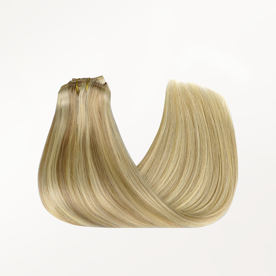Dirty Blonde Highlights (18D/22F) Classic Clip-Ins (120g-130g) – 100% Remy Human Hair.
