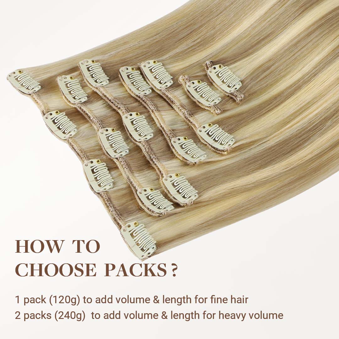 Dirty Blonde Highlights (18D/22F) Classic Clip-Ins (120g-130g) – 100% Remy Human Hair.