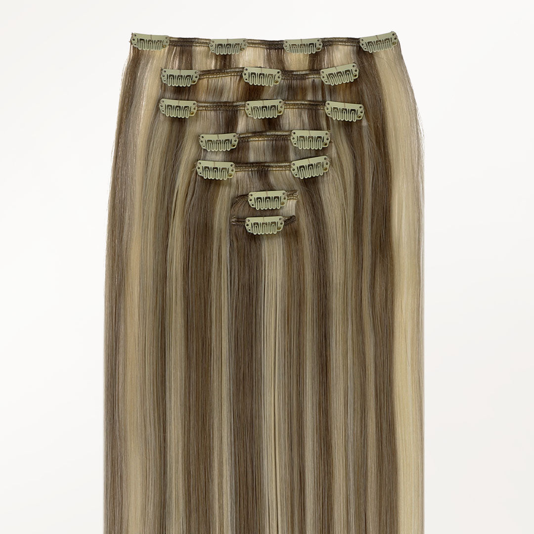 Golden Blonde Highlights (8/22) Classic Clip-Ins (120g-150g) – 100% Remy Human Hair by GOO GOO Hair.