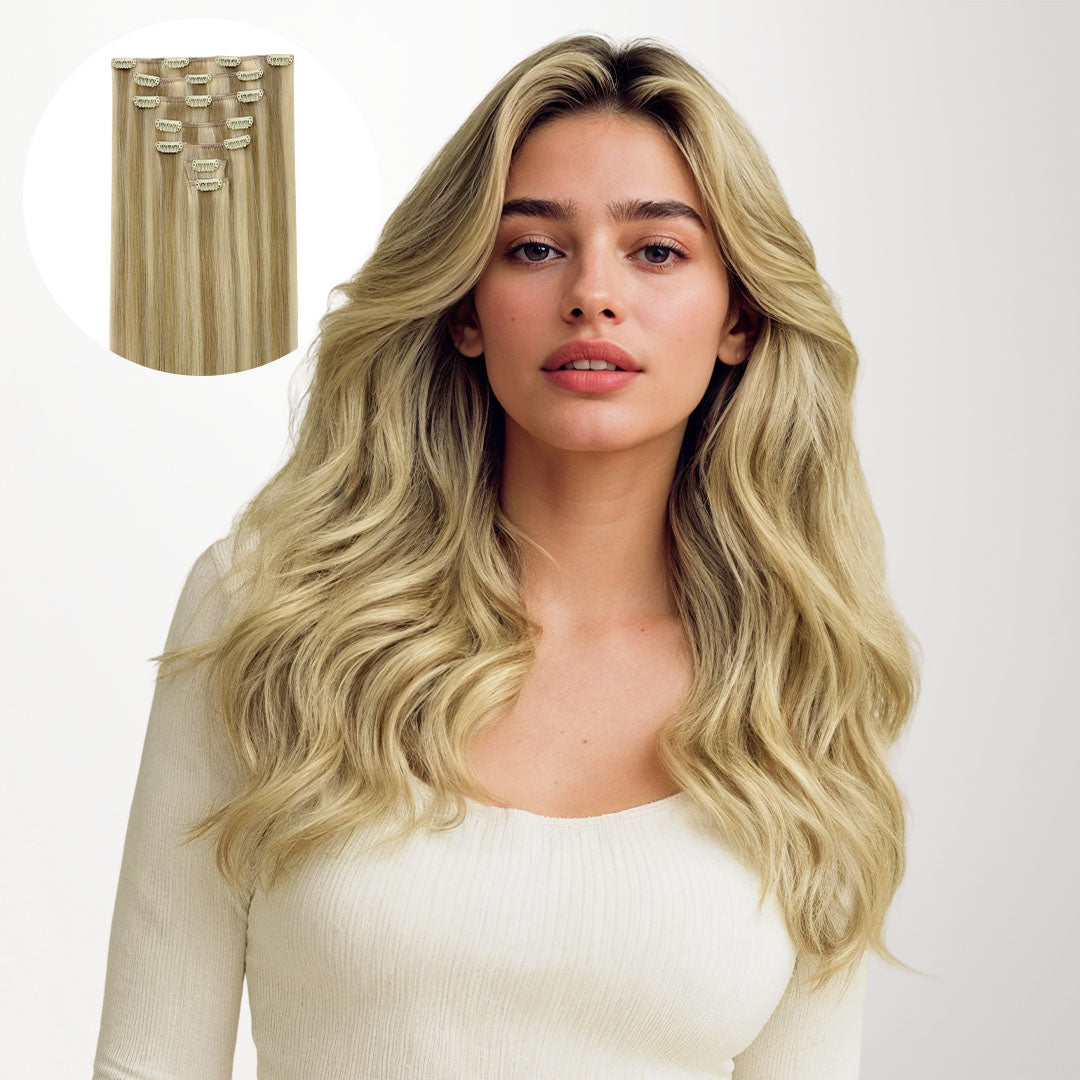 Light Blonde Highlights (16/22A) Classic Clip-Ins (120g-150g) – 100% Remy Human Hair by GOO GOO Hair.