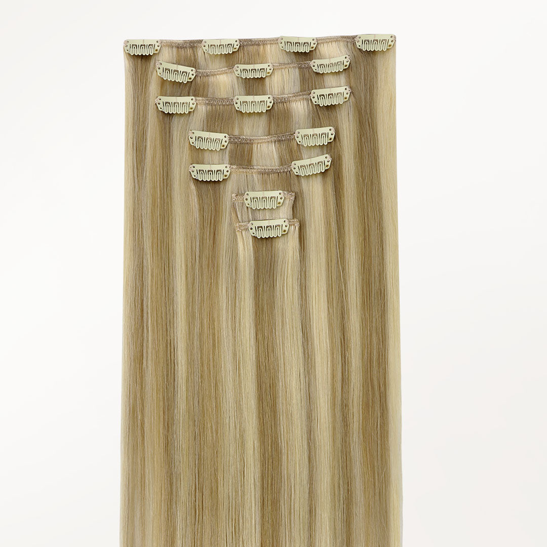 Light Blonde Highlights (16/22A) Classic Clip-Ins (120g-150g) – 100% Remy Human Hair by GOO GOO Hair.