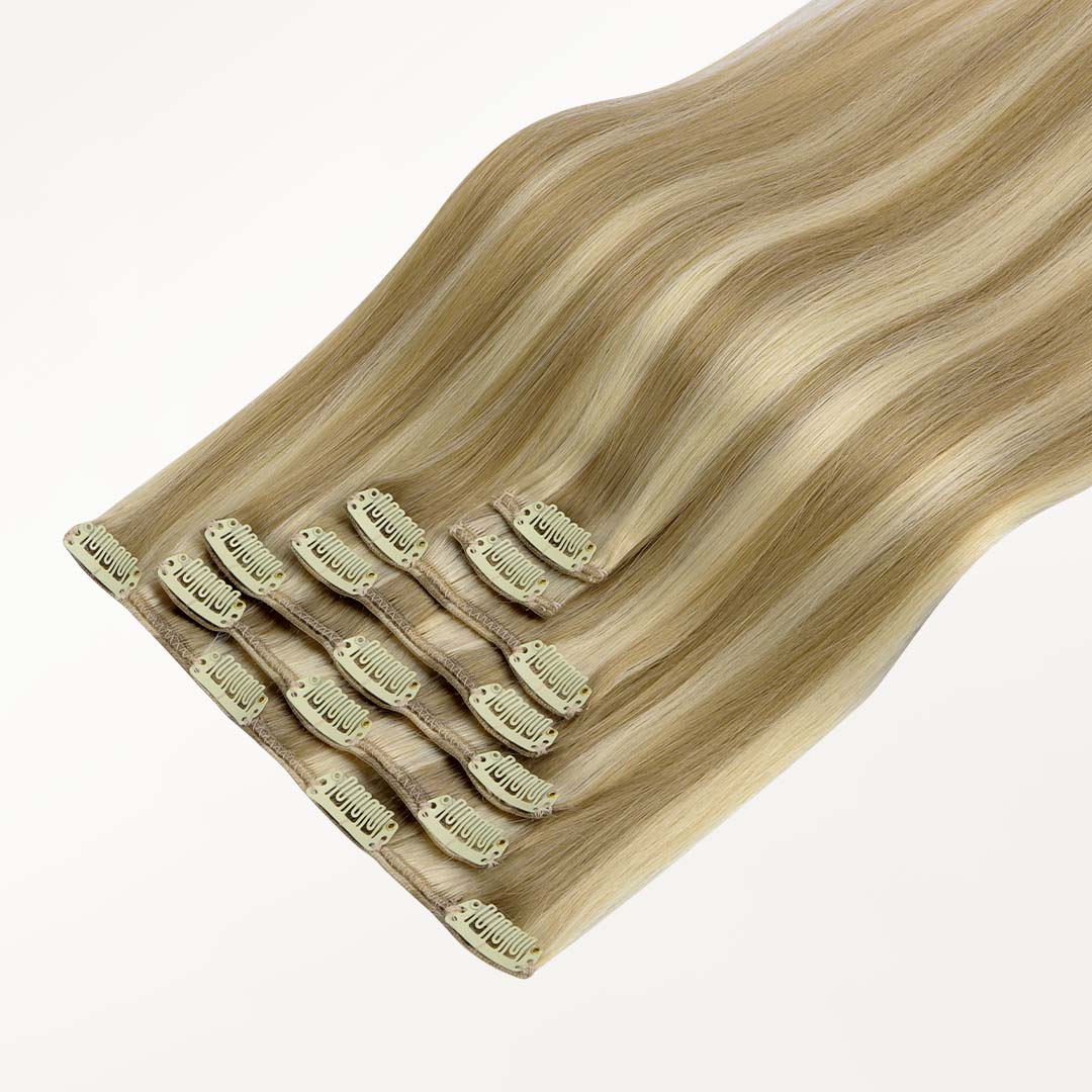 Light Blonde Highlights (16/22A) Classic Clip-Ins (120g-150g) – 100% Remy Human Hair by GOO GOO Hair.