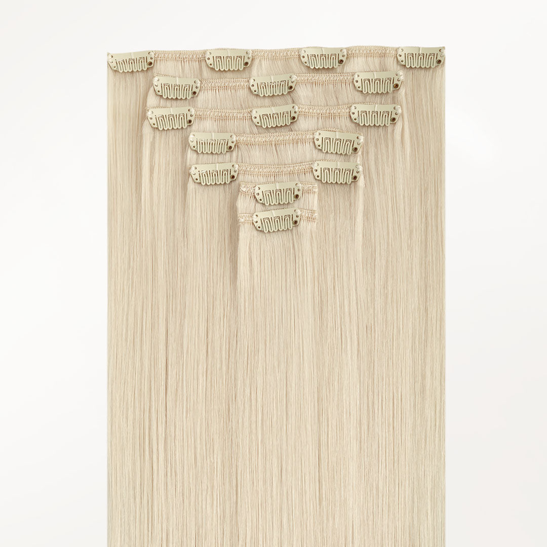 Platinum Blonde (60A) Classic Clip-Ins (120g-150g) – 100% Remy Human Hair by GOO GOO Hair.