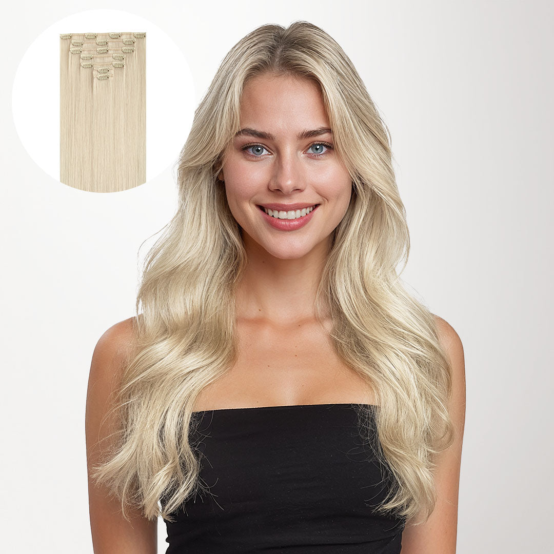 Platinum Blonde (60A) Classic Clip-Ins (120g-150g) – 100% Remy Human Hair by GOO GOO Hair.