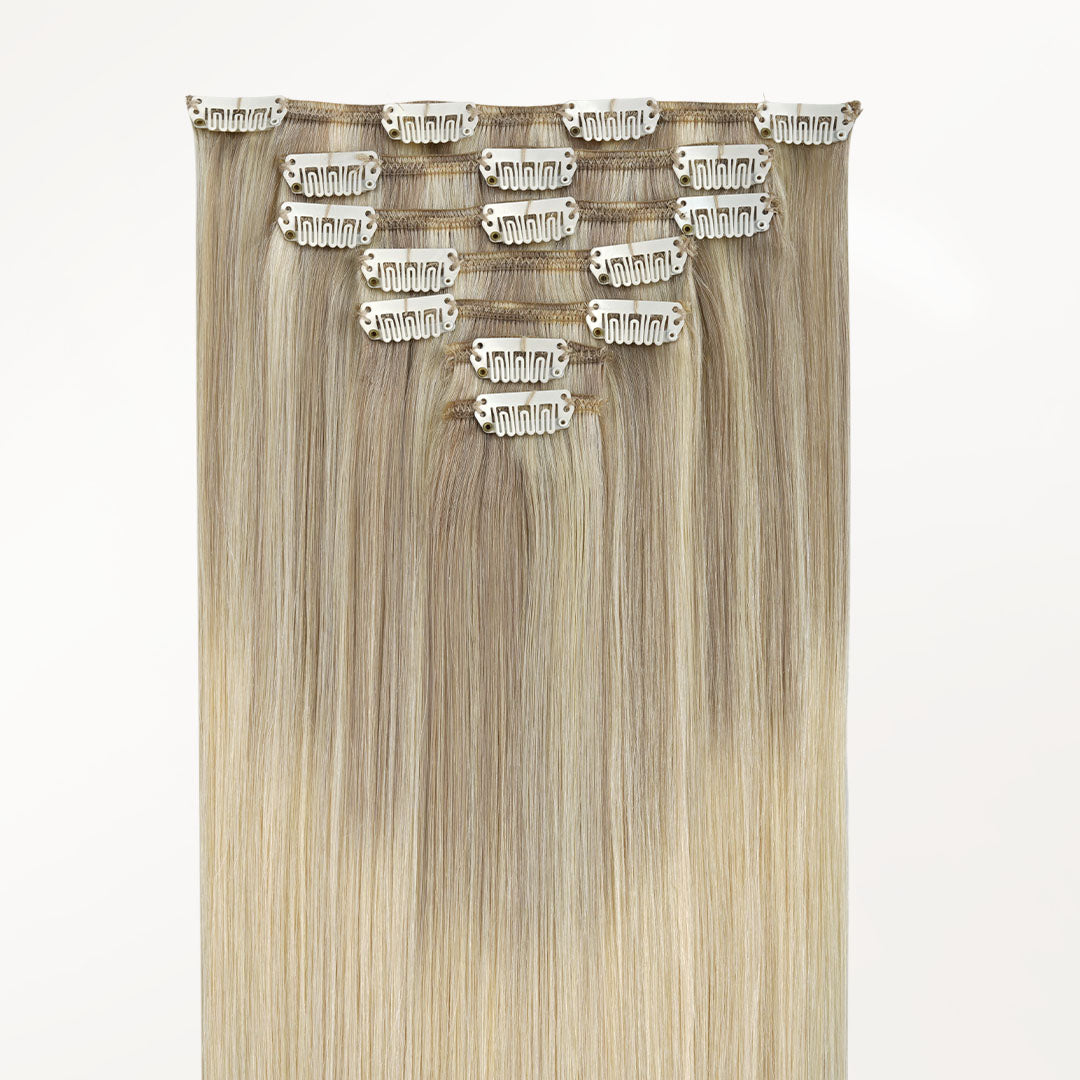 Platinum Blonde Balayage (17/22/60) Classic Clip-Ins (120g-150g) – 100% Remy Human Hair by GOO GOO Hair.