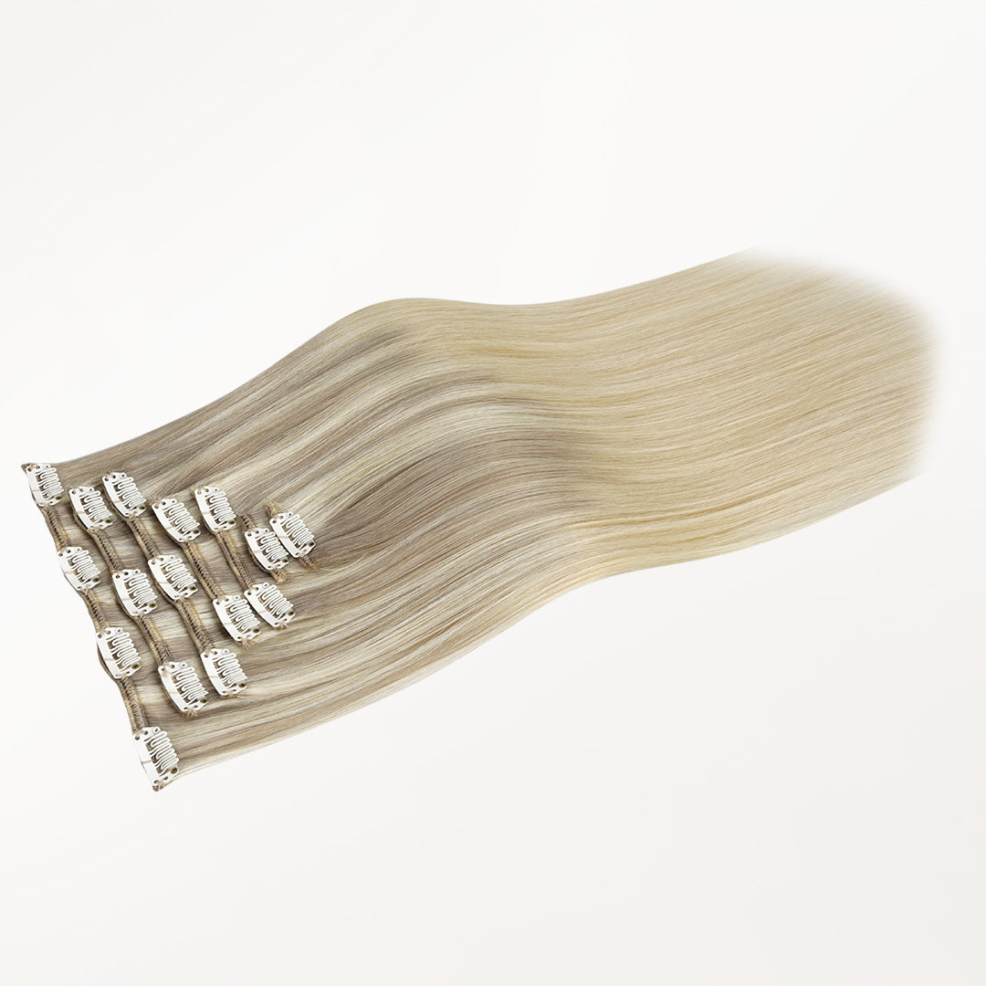 Platinum Blonde Balayage (17/22/60) Classic Clip-Ins (120g-150g) – 100% Remy Human Hair by GOO GOO Hair.