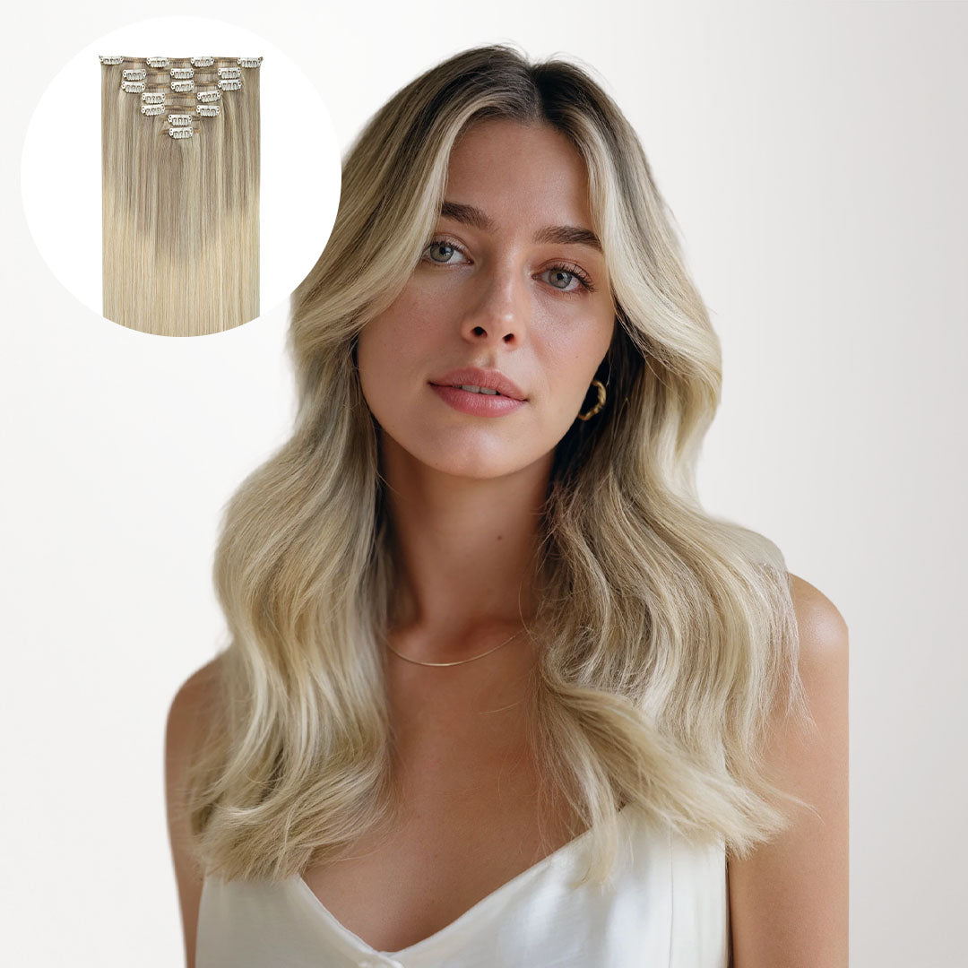 Platinum Blonde Balayage (17/22/60) Classic Clip-Ins (120g-150g) – 100% Remy Human Hair by GOO GOO Hair.