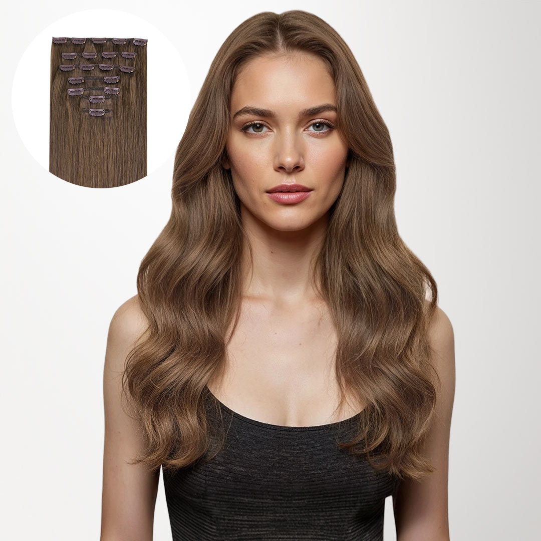 Ash Brown (5) Classic Clip-Ins (120g-150g) – 100% Remy Human Hair.