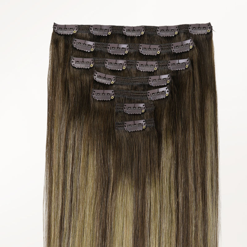 Caramel Blonde Balayage (4/27/4) Full Classic Clip-Ins (160g-220g) – 100% Remy Human Hair by GOO GOO Hair.