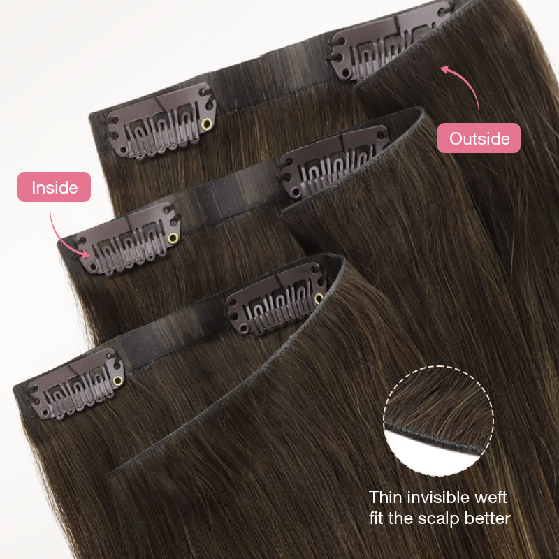 Caramel Blonde Balayage (4/27/4) Invisi Edge Seamless Clip-Ins (140g-160g) – 100% Remy Human Hair.