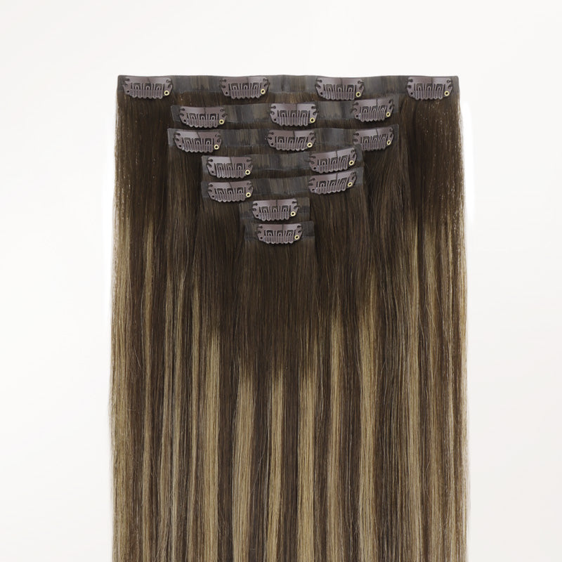 Caramel Blonde Balayage (4/27/4) Invisi Edge Seamless Clip-Ins (140g-160g) – 100% Remy Human Hair.