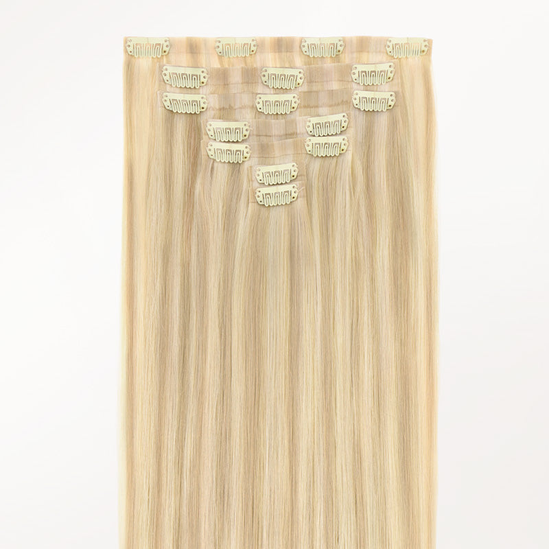 Dark Blonde Highlighted Bleach Blonde (18A/613A) Invisi Edge Seamless Clip-Ins (140g-160g) – 100% Remy Human Hair.