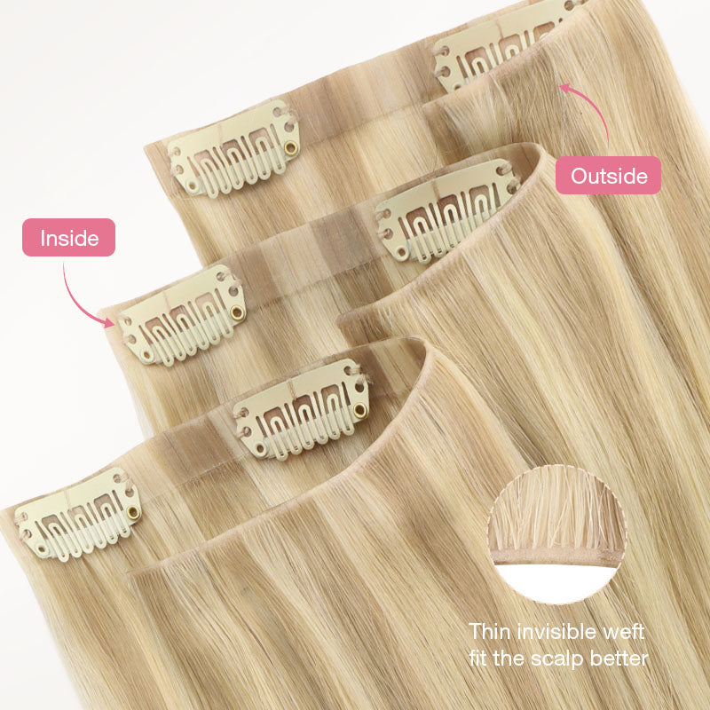 Light Blonde Highlights (16/22A) Invisi Edge Seamless Clip-Ins (140g-160g) – 100% Remy Human Hair.