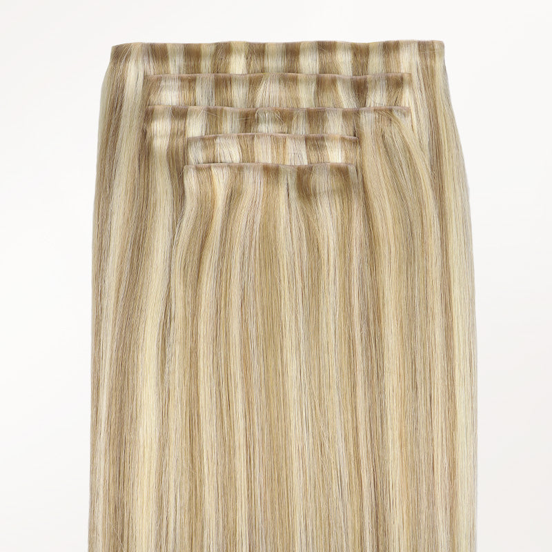 Light Blonde Highlights (16/22A) Invisi Edge Seamless Clip-Ins (140g-160g) – 100% Remy Human Hair.