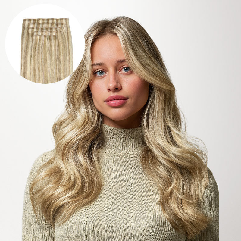Light Blonde Highlights (16/22A) Invisi Edge Seamless Clip-Ins (140g-160g) – 100% Remy Human Hair.