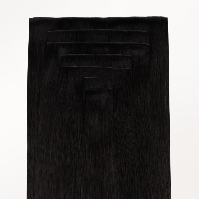 Jet Black (1) Invisi Edge Seamless Clip-Ins (140g-160g) – 100% Remy Human Hair.