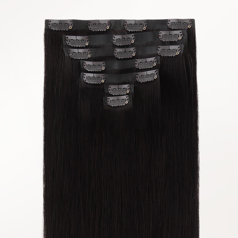 Jet Black (1) Invisi Edge Seamless Clip-Ins (140g-160g) – 100% Remy Human Hair.