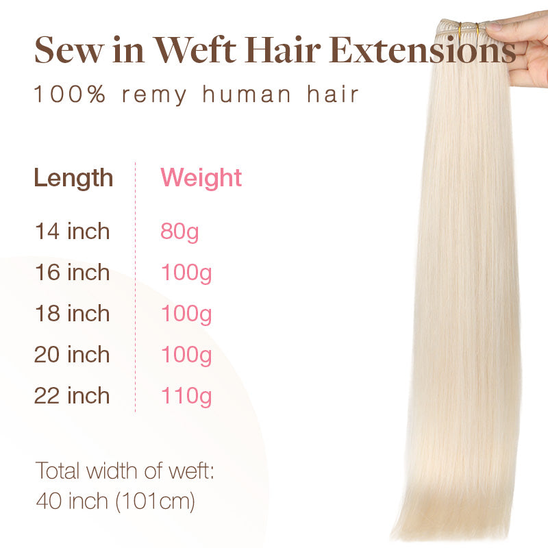 Pure Platinum Blonde (1000) Sew-In Weft Hair Extensions (80g-110g) – 100% Remy Human Hair.