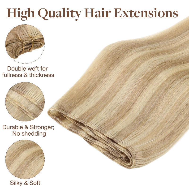 Dirty Blonde Highlights (18D/22F) Sew-In Weft Hair Extensions (80g-110g) – 100% Remy Human Hair.