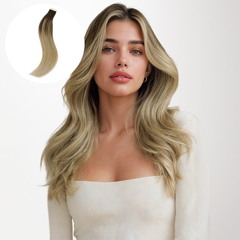 Chocolate Brown to Dirty Blonde (4/18) Tape-Ins 50g – 100% Remy Human Hair.
