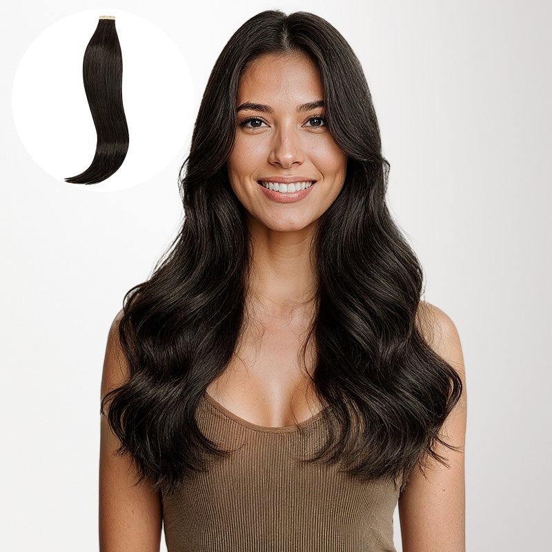 Dark Brown (2) Tape-Ins 50g – 100% Remy Human Hair.