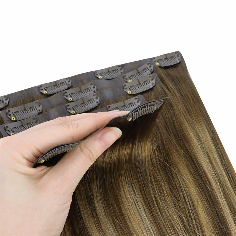 Caramel Blonde Balayage (4/27/4) Seamless Clip-Ins (130g-150g) – 100% Remy Human Hair by GOO GOO Hair.