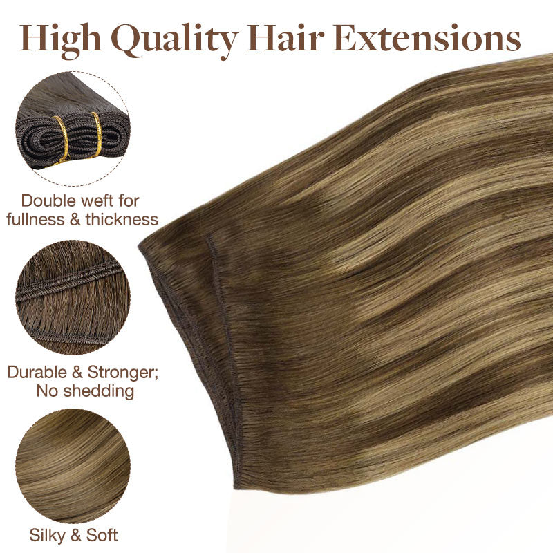 Caramel Blonde Balayage (4/27/4) Sew-In Weft Hair Extensions (80g-110g) – 100% Remy Human Hair by GOO GOO Hair.