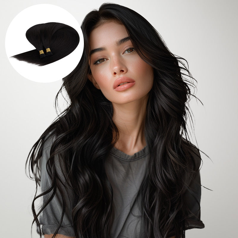 Jet Black (1) I-Tip Hair Extensions 50g – 100% Remy Human Hair.