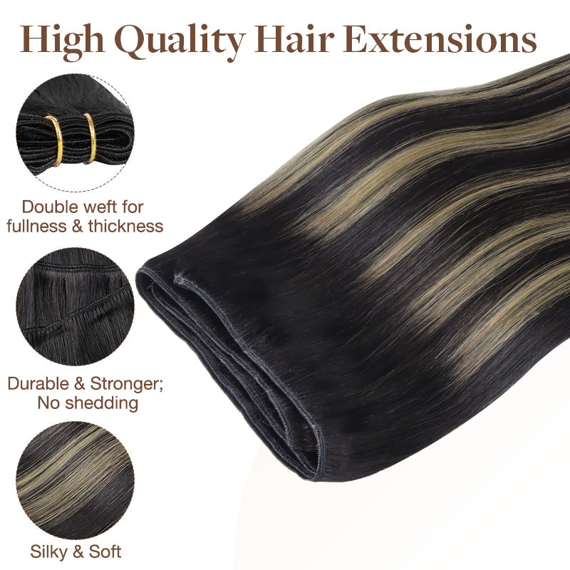Black to Light Blonde Balayage (1B/16/1B) Sew-In Weft Hair Extensions (80g-110g) – 100% Remy Human Hair.