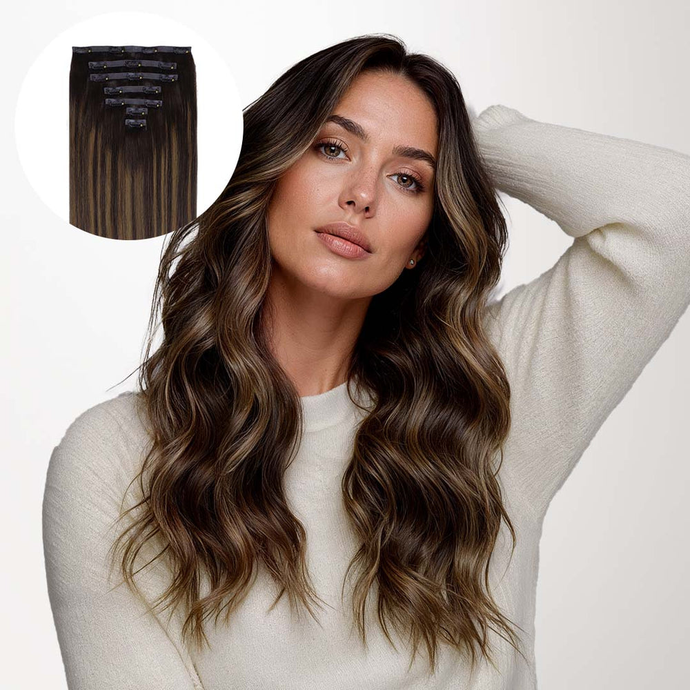 NATÜRLICHES SCHWARZES BALAYAGE (1B/6/1B) NAHTLOSE CLIP-INS