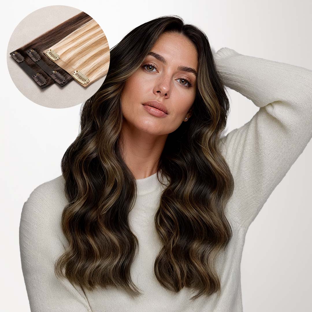 Dark Brown Balayage (2/6/2) Seamless Clip-Ins (130g-160g)-100% Remy Human Hair extensions and accessories.