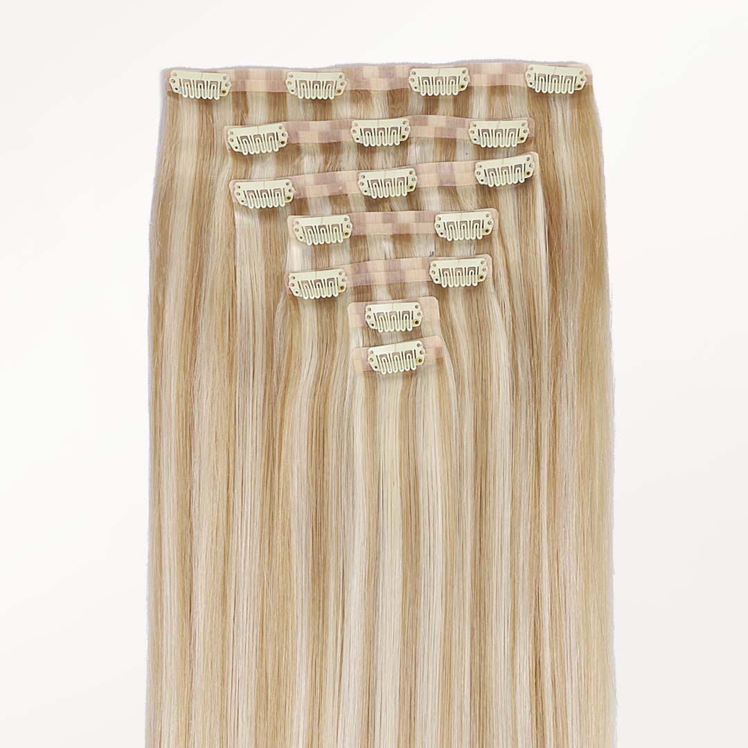 Dirty Blonde Highlights (18A/613A) Seamless Clip-Ins (130g-160g) – 100% Remy Human Hair by GOO GOO Hair.