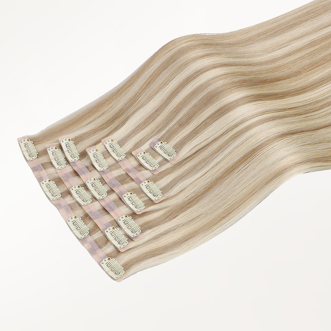 Dirty Blonde Highlights (18A/613A) Seamless Clip-Ins (130g-160g) – 100% Remy Human Hair by GOO GOO Hair.