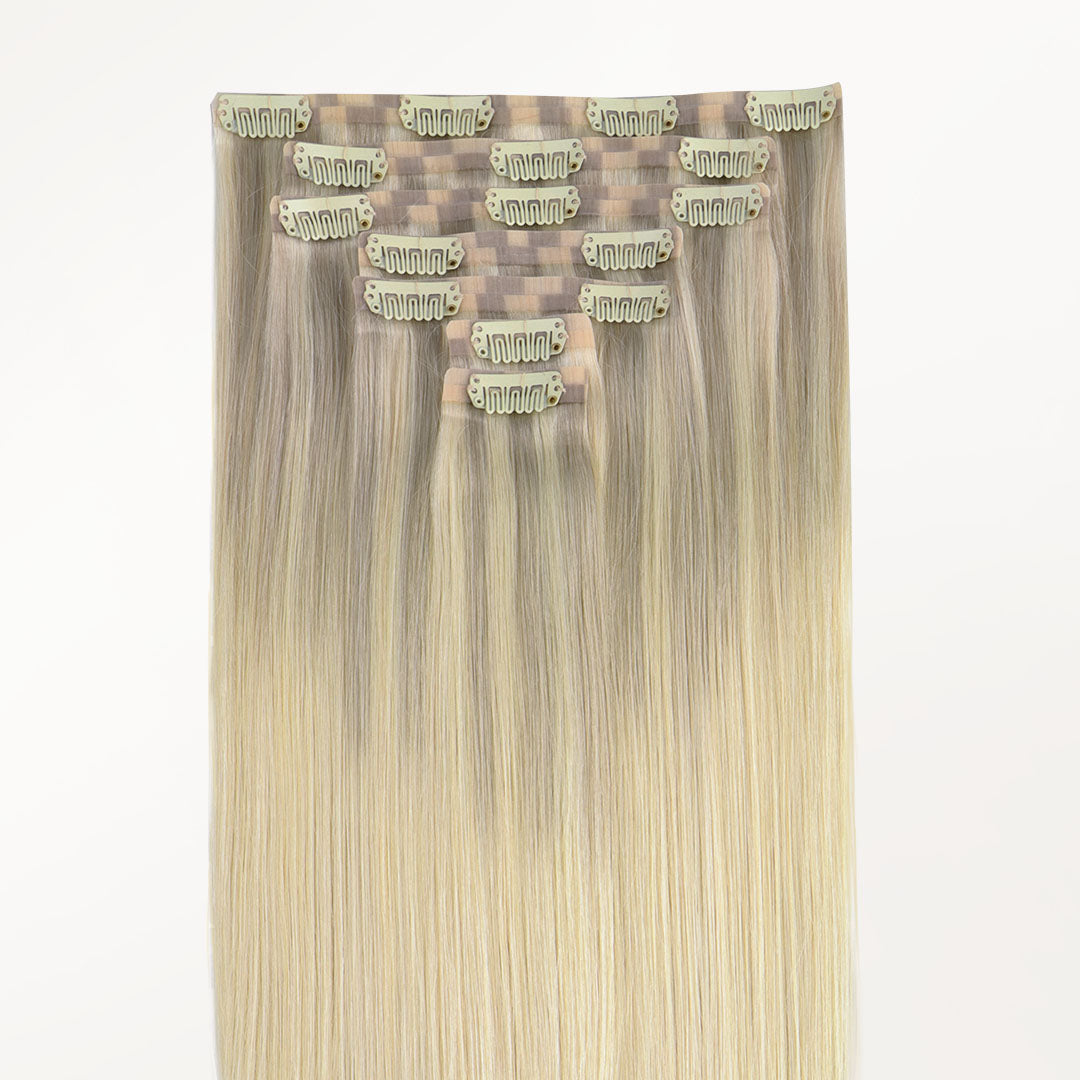 Platinum Blonde Balayage (17/22/60) Seamless Clip-Ins (130g-150g) – 100% Remy Human Hair by GOO GOO Hair.