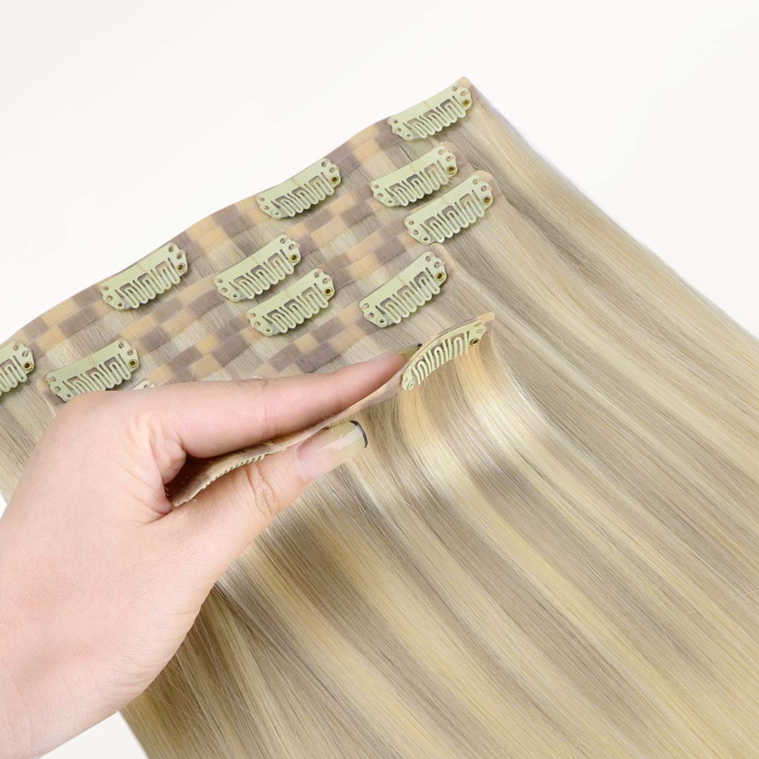 Platinum Blonde Balayage (17/22/60) Seamless Clip-Ins (130g-150g) – 100% Remy Human Hair by GOO GOO Hair.