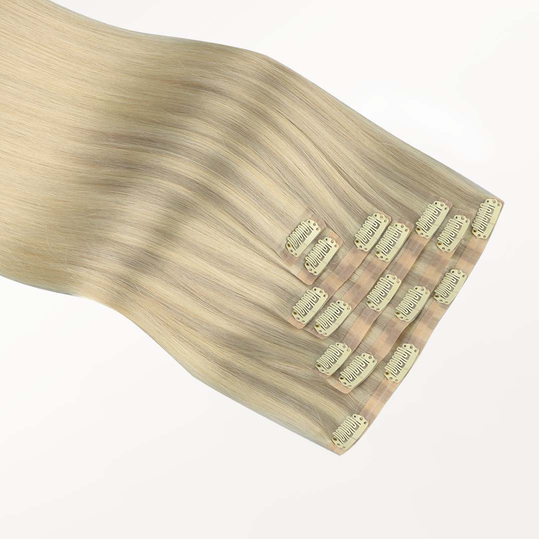 Platinum Blonde Balayage (17/22/60) Seamless Clip-Ins (130g-150g) – 100% Remy Human Hair by GOO GOO Hair.