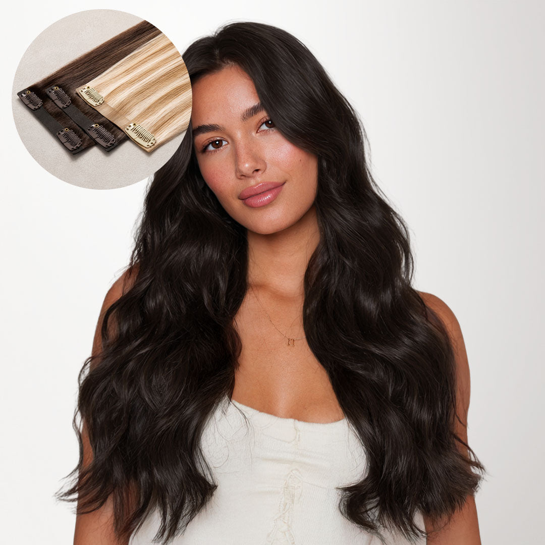 Dark Brown (2) Seamless Clip-Ins (130g-160g)-100% Remy Human Hair extensions and accessories.