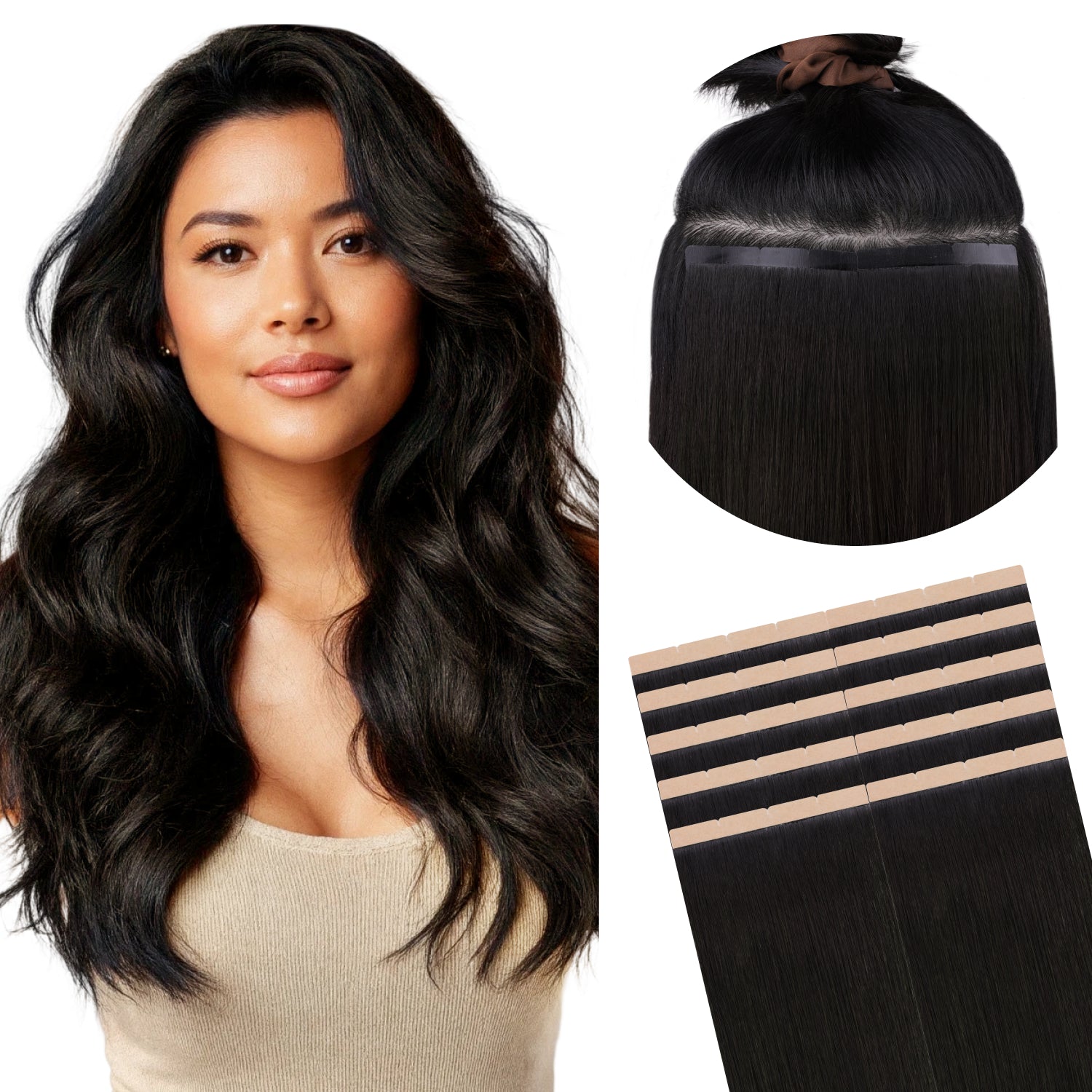  Natural Black (1B) Wide Tape-Ins 50-100g-100% Remy Human Hair extensions and accessories.
