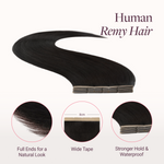  Natural Black (1B) Wide Tape-Ins 50-100g-100% Remy Human Hair extensions and accessories.